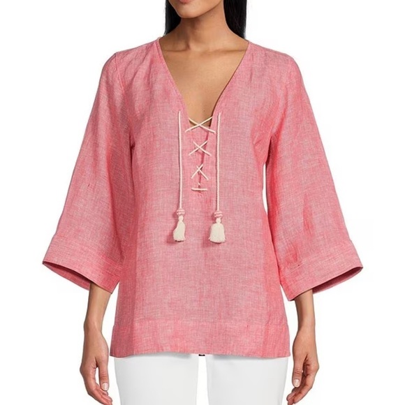 New Tommy Bahama Coastalina 3/4 Sleeve V Neck Tassel Linen Tunic Blouse Pink - Picture 1 of 15